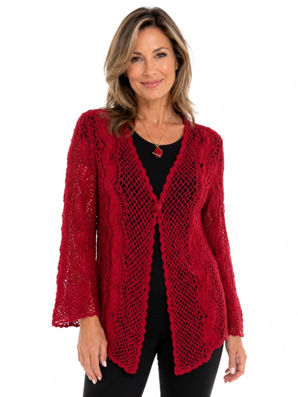 TanJay Open-Knit Red Crochet Cardigan - Med Petite